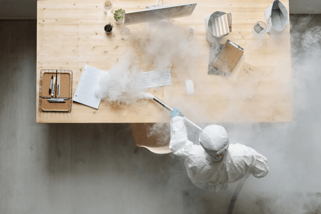 A person in a protective suit fumigating a table